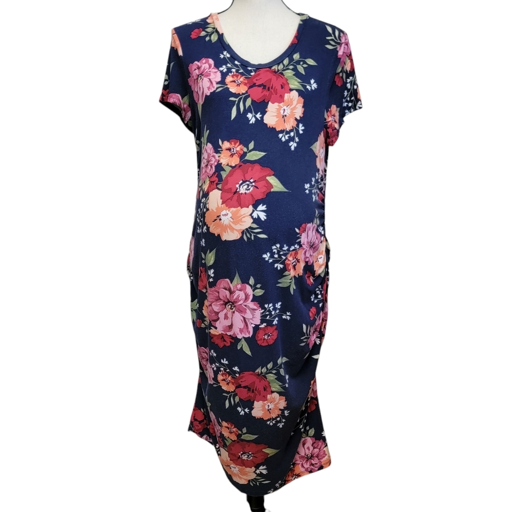 Time and Tru Blue Floral Maternity‎ Dress Womens Sz L Midi Short Sleeve Knit